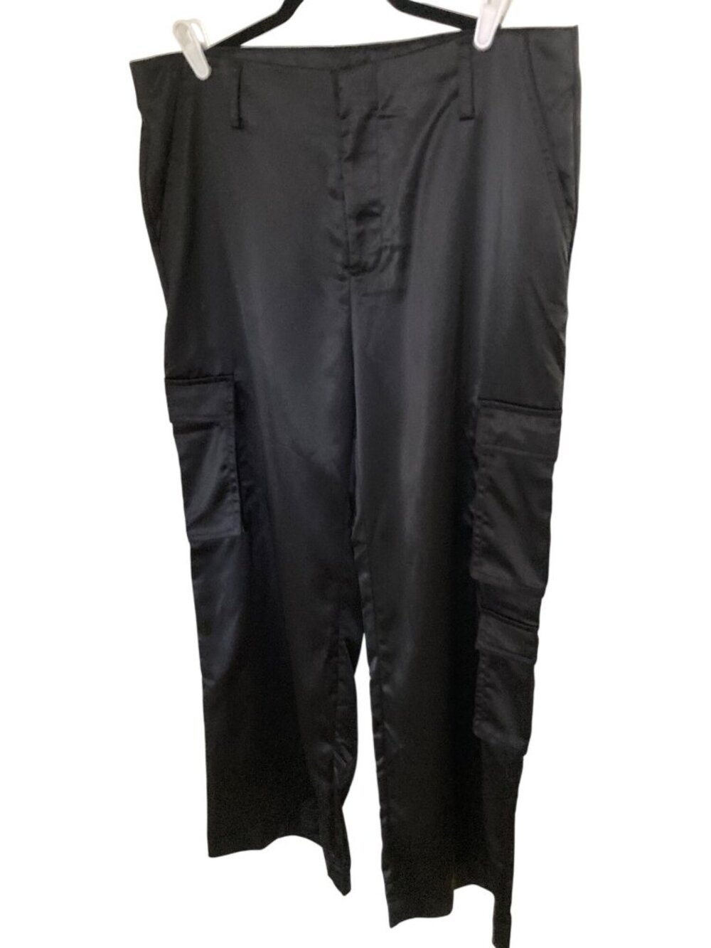 TRACTR Women's Satin Cargo Wide Straight Leg Black Pants 32 NWT